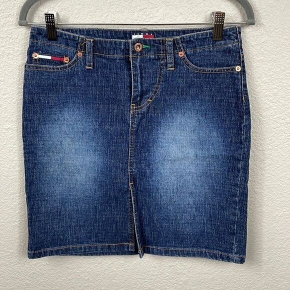 Vintage Tommy Hilfiger Denim Jean Pencil Skirt Blue Y2K Sz 7 - Picture 1 of 10